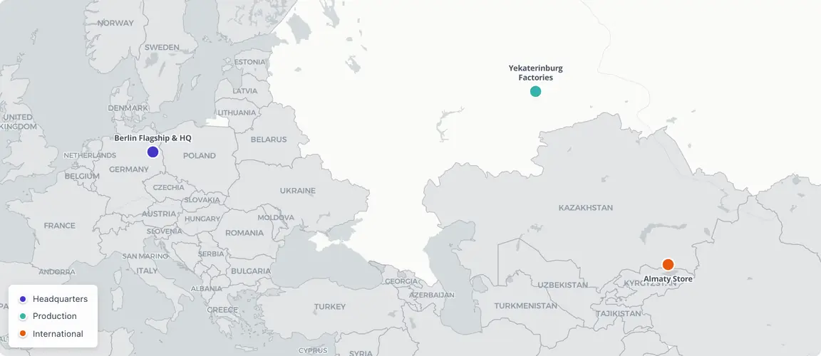 Yekaterinburg to Berlin: sanctions forced two independent companies into existence. Three Ural factories anchor the Russian entity. The Berlin GmbH bases the European entity. Almaty is the first international outpost.