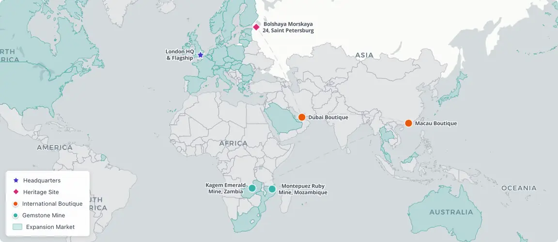 183 years, four continents — highest brand recognition-to-revenue ratio in luxury, operating from London across 45 countries.