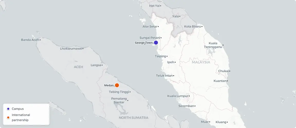 Nine shophouses in a UNESCO zone, 350 multinational employers within 30 kilometres — Forward College's geography is its curriculum. One Penang campus. International growth through partnerships, not new campuses.