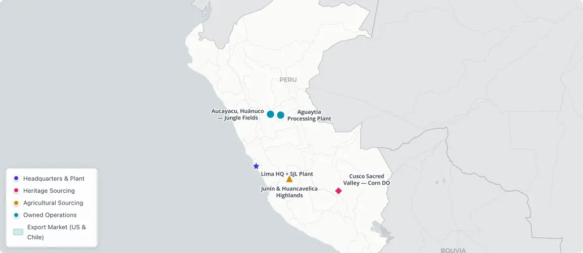 Lima plant, Andean highlands, and Amazon jungle — Peru's vertically integrated snack geography.