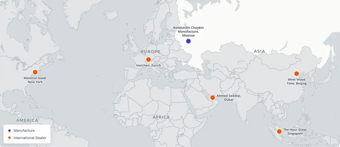 Moscow, Nagatinsky Zaton: one atelier, 60 employees, 200–300 watches per year. From this single address, 80% of production reaches Zurich, Dubai, Singapore, New York, and Beijing through 22 dealers in 17 countries.