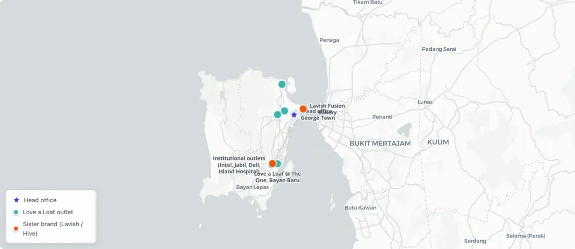 Northern Malaysia cluster: 14+ owned outlets in the Bayan Baru factory belt, anchored to Intel, Jabil, Dell and Island Hospital — reached by marketing as halal-friendly, though no federal certificate is on the register. One outlier in Bangkok.