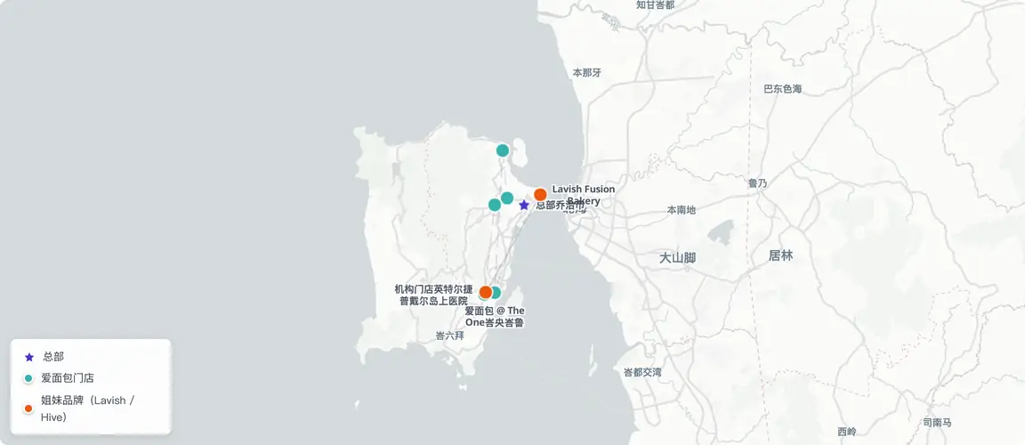 马来西亚北部集群：峇央峇鲁工业带逾14家自营门店，锚定英特尔、捷普、戴尔与岛上医院——凭借清真友好的对外定位赢得入场，但公开注册册上并无联邦证书。曼谷一家为唯一海外飞地。