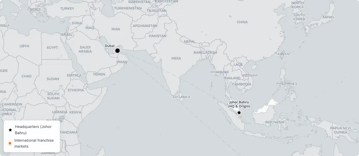 Marrybrown's international footprint: Johor Bahru origin → Gulf hub (Dubai) → 14+ countries across Asia, Africa, and Oceania.