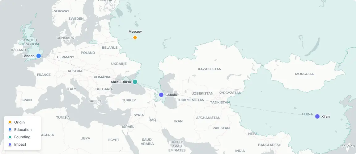 Moscow petrochemicals plus London finance plus Abrau, Gabala and Xi'an — two generations build a five-country wine arc.