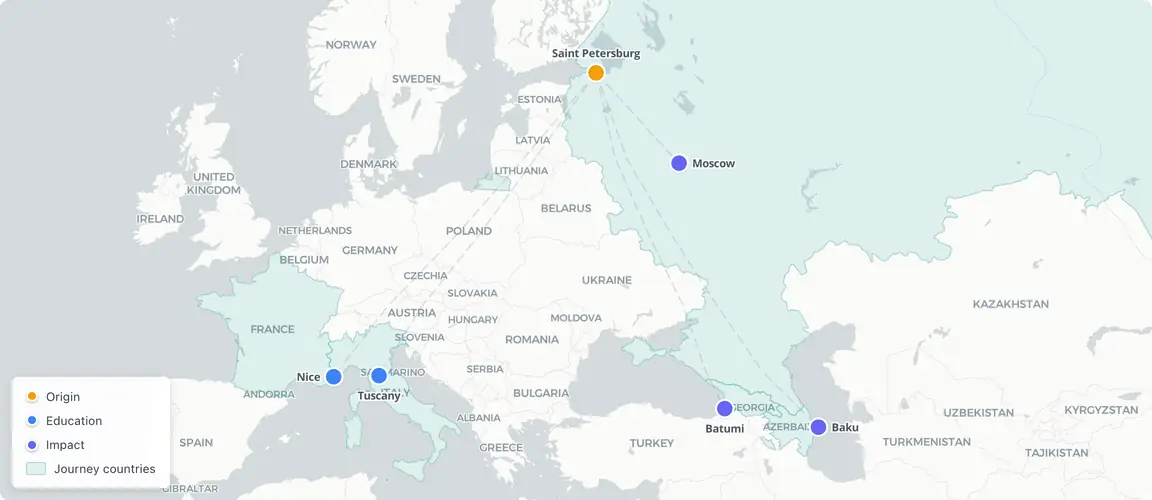 From childhood in St. Petersburg restaurant kitchens to Mediterranean culinary formation in Tuscany and the Côte d'Azur — then back to build four independent concepts, before inheriting an empire spanning Moscow, Baku, and Batumi.