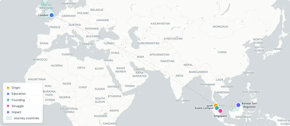 From a tin mining family in Ipoh to Vidal Sassoon's London, through Singapore's hostile salons back to a 428-square-foot startup in Kuala Lumpur—then royal appointments in Brunei. Each city marked a crisis; each crisis sharpened the next conviction.
