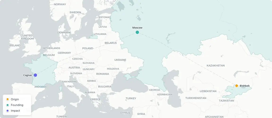 From Bishkek to Moscow's 1998 crisis-launch to a French cognac house in 2007 — the geographic arc of a vertically integrated wine empire two brothers built, then split.