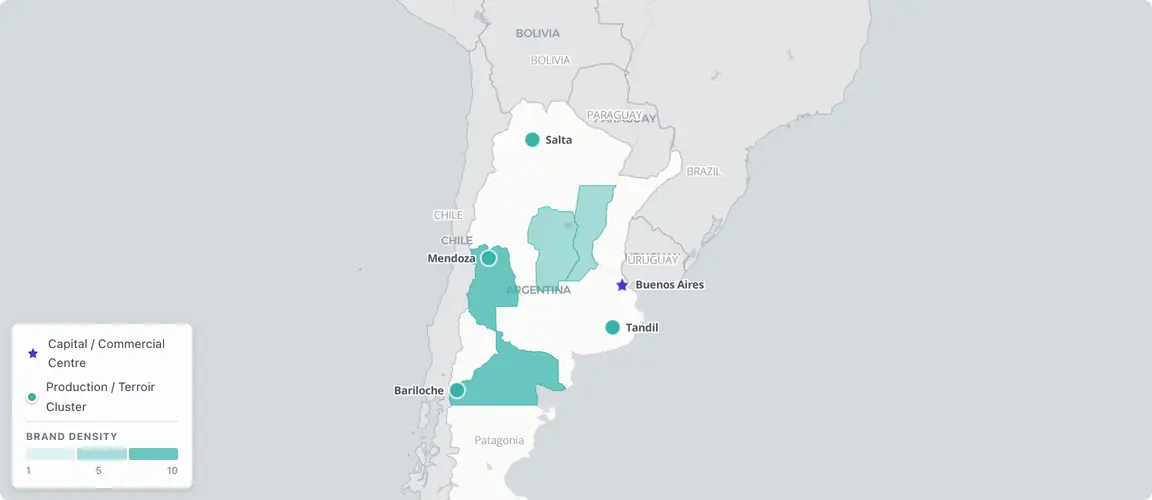Founder-owned brands concentrate at three poles — Buenos Aires for leather goods and fashion, Mendoza for the Andean wine belt, and Bariloche for the Patagonian chocolate cluster — where crisis-tested founders now face succession just as the first institutional buyers appear.