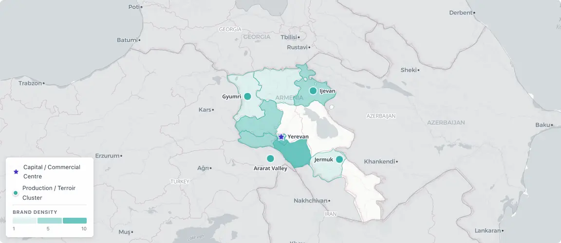 Founder-owned brands concentrate in Yerevan — confectionery, brewing, and brandy — with the Ararat Valley anchoring brandy and wine production; the geography is distinctive for its dual access to both the Eurasian market and the EU, a structure now exposed to post-2018 political transition.