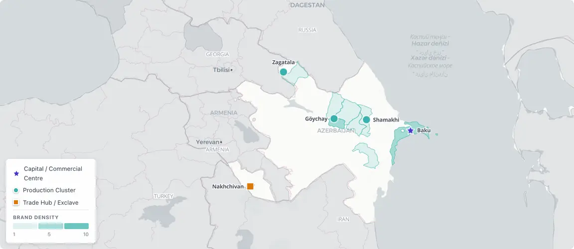 Azerbaijan's founder map is two-tier — Baku concentrates the headquarters of large distribution networks built on the oil boom, while regional enclaves hold independent founders who grew their businesses outside the oil windfall and the oligarch networks around it.