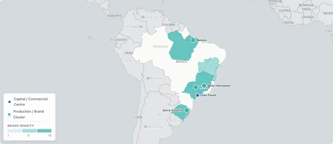 Founder-owned consumer brands cluster across three Brazilian zones — São Paulo's cosmetics and fashion concentration, an interior manufacturing belt running from Franca's footwear south to the Rio Grande do Sul wine country, and a Northeast corridor — with succession pressure now reaching first-generation founders across all of them at once.