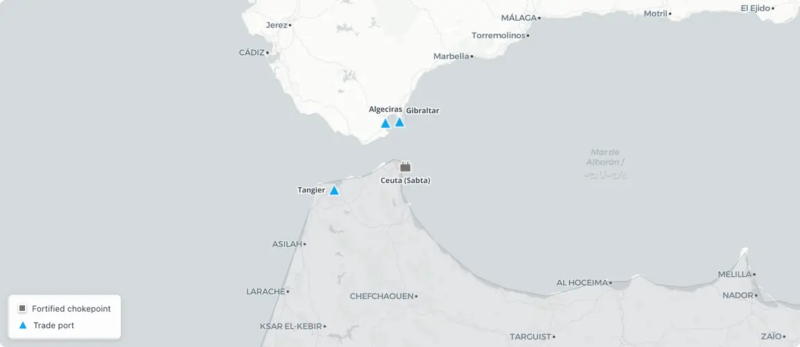 Four points on the Strait of Gibraltar — the chokepoint Ceuta held, and the trade that moved to Tangier