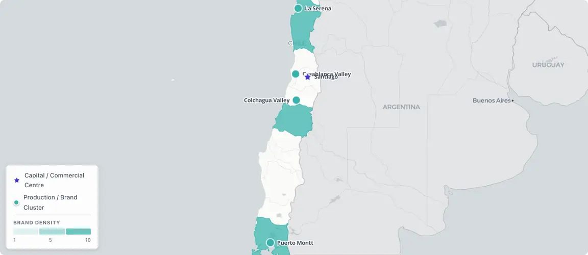 Chile's founder geography sets Santiago — the institutional and buyer hub — against the central-valley wine arc from Casablanca to Colchagua, where a quarter-century founder cohort now faces succession amid post-2019 social, pandemic, and pension-reform volatility.