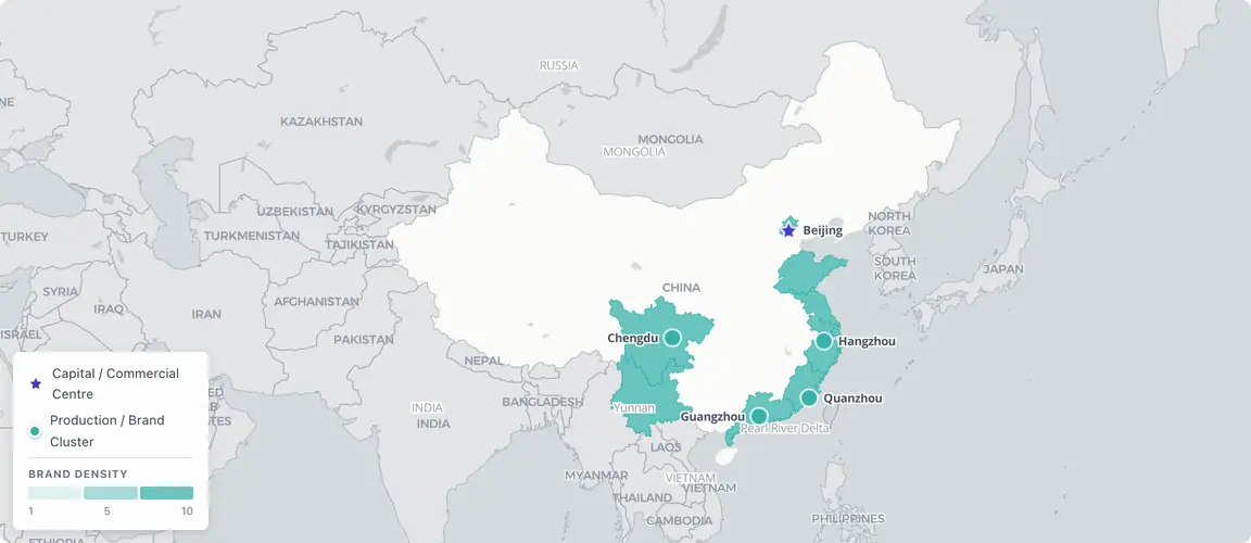 Founder-owned consumer brands distribute along three axes — the Pearl River Delta export corridor, the Zhejiang entrepreneurial belt, and the Sichuan-Yunnan tea and spirits zone — with Wave 1 and Wave 2 succession pressure hitting all three axes simultaneously as two reform cohorts converge on the transition window.
