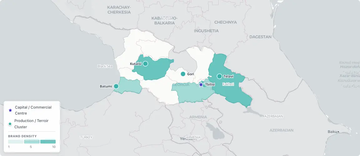 Georgia's founder economy runs along two axes — Tbilisi, which concentrates the highest per-brand value through pharmacy chains and luxury hospitality, and the Kakheti wine country, home to founders who weathered the 2006 Russian embargo and built the premiumisation push now validated by record spirits exports.