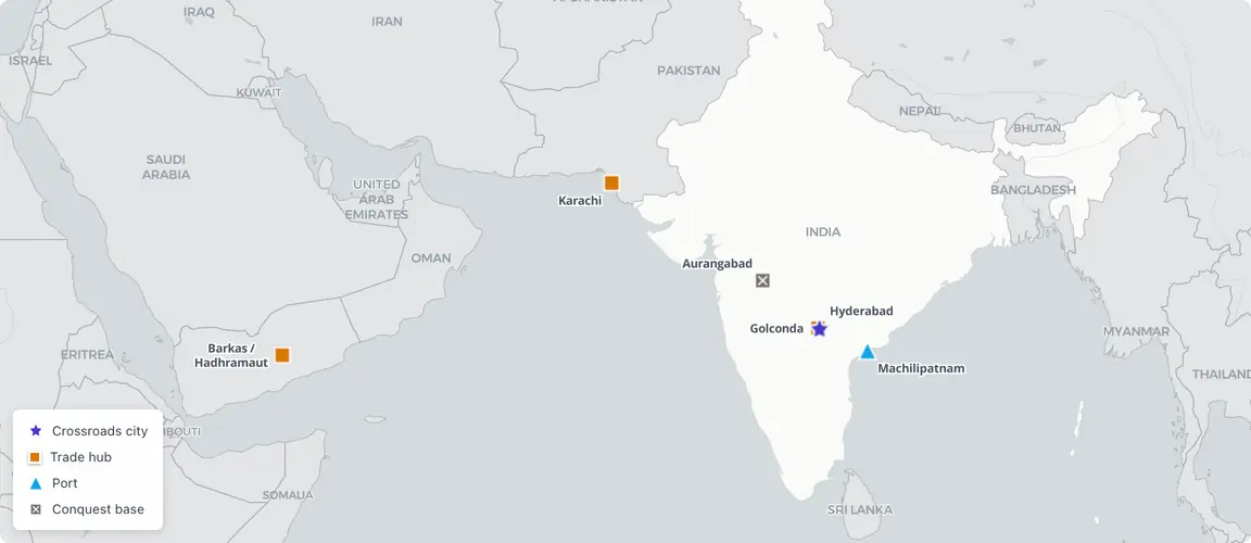 Hyderabad sat where the Golconda diamond road crossed the Deccan-to-Gulf migration corridor — the crossing outlasted every trade that used it