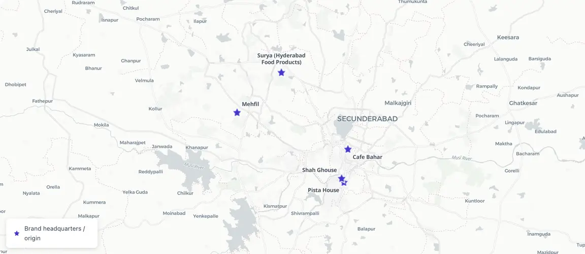 Brand markers cluster tightly in the Old City — the historic core of Hyderabad's haleem trade.