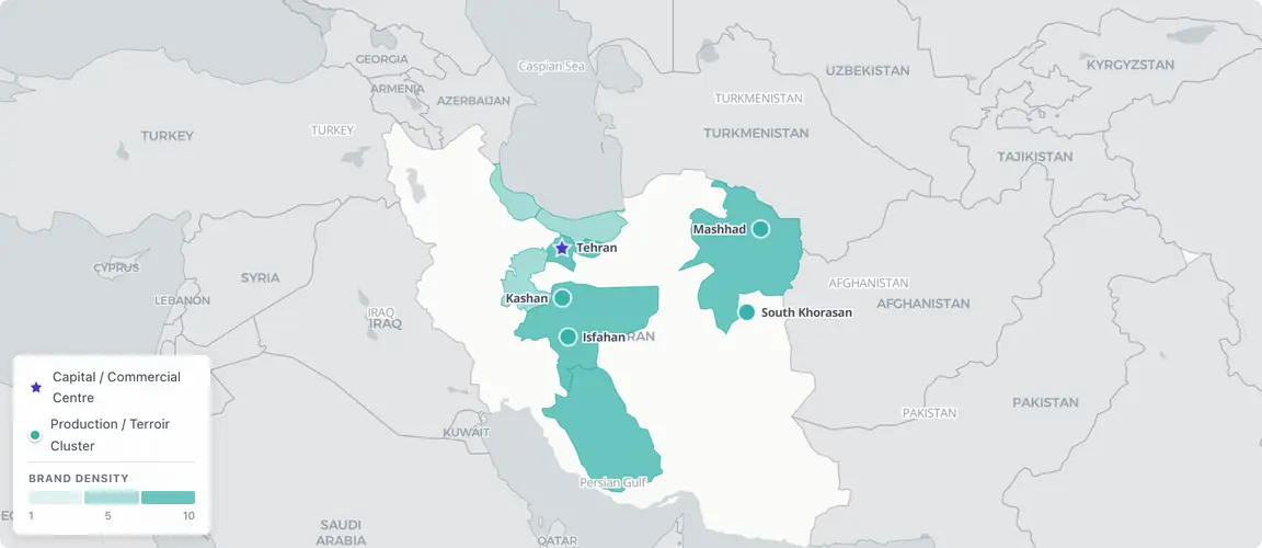 Founder-owned brands divide along two axes — Tehran as the commercial hub for beauty and fashion (~35% of activity) and the Khorasan belt (Mashhad leather cluster, South Khorasan saffron heartland) as the production core — with Isfahan anchoring the confectionery tradition and Kashan as the essential oil centre; the same sanctions that made these brands invisible to institutional capital built and protected every one of them.