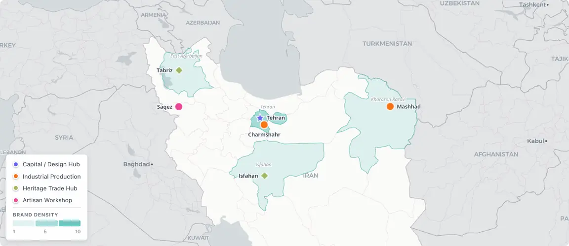 Four regions, four roles — Iran's leather sector is a national network, not a two-city cluster.