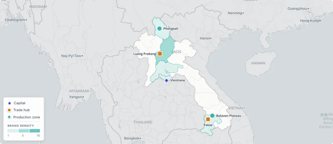 Bolaven Plateau produces 95% of Lao coffee from two families; Luang Prabang's hospitality was built by exile returnees; Phongsali holds ancient tea β three geographies invisible to global capital.