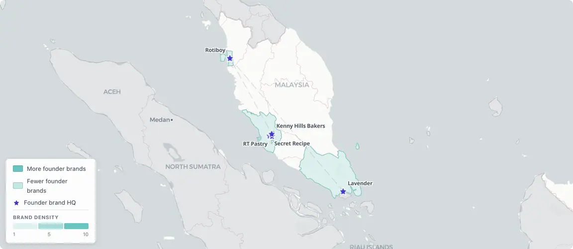 Malaysia's bakery founders cluster on one coast — Penang down to the Klang Valley.