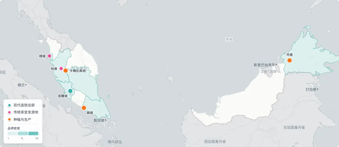 三个层次，多个地区——传统烘焙、现代连锁与高地种植遍布马来半岛与婆罗洲。