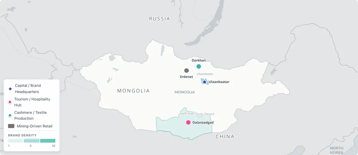Founder-owned consumer brands concentrate overwhelmingly in Ulaanbaatar — home to half the national population — with hospitality extending to the Gobi and cashmere production spreading north; succession pressure hits all five sectors simultaneously from this single concentration point.