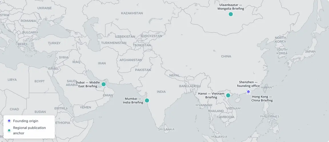 Seven publications arcing 9,000 kilometres from the Pearl River Delta to the Persian Gulf and Moscow โ each launched before rivals entered the same geography, building reader loyalty and institutional trust that no late entrant can replicate.