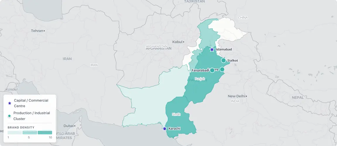 Brand activity concentrates along the Punjab corridor — Lahore as the food and fashion capital, Faisalabad as the textile pivot hub, Sialkot as the world's most concentrated artisan cluster — with Karachi as the commercial anchor for the most internationally connected founder-owned brands; succession pressure maps precisely onto this geography, now entering the window after five compounding crises.