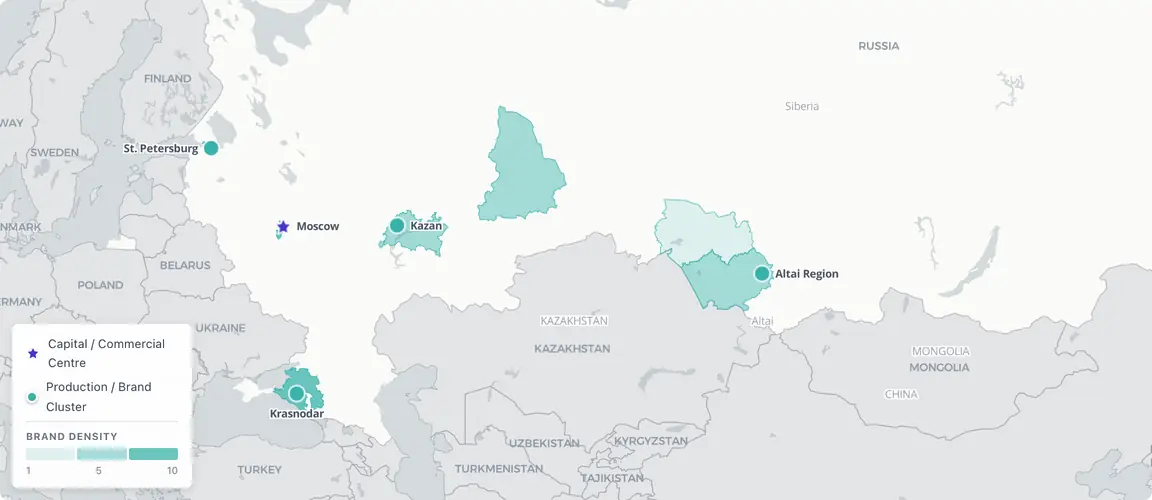Moscow–St. Petersburg corridor and the Siberian–Altai cluster define Russia's two brand poles; Krasnodar anchors the food south, Kazan the halal east.
