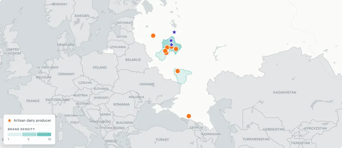 Every major artisan brand sits within 250km of Moscow — short shelf life ties production to the capital's consumers.