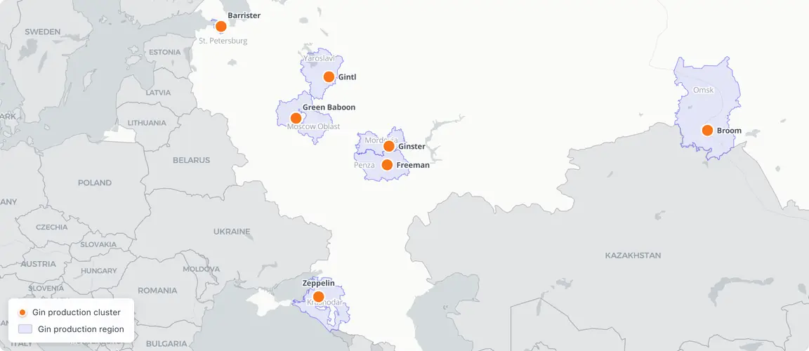426 brands, six clusters — Russia's gin boom follows the vodka infrastructure map.
