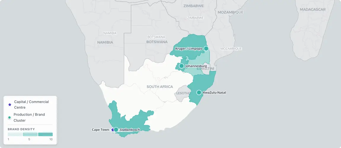 South Africa's founder-owned brands split across three geographically separated clusters — the Western Cape wine and natural beauty corridor radiating from Cape Town through Stellenbosch and Franschhoek, the Gauteng–KwaZulu-Natal commercial arc, and the Limpopo safari lodge heartland — with each cluster carrying a distinct founder cohort shaped by a different reform wave.