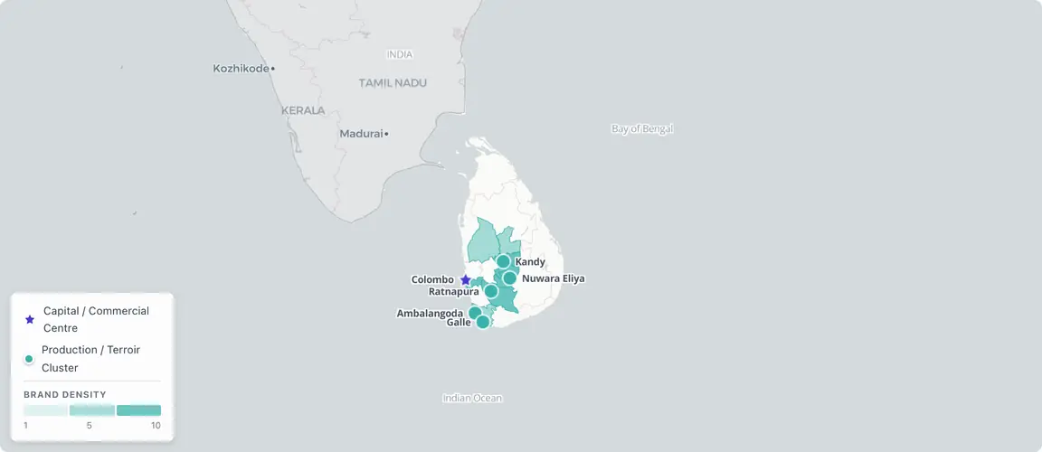 Founder-owned brands divide across two distinct geographies — the Colombo commercial corridor (headquarters, Ayurvedic wellness, processed food) and the central highland arc from Kandy through Nuwara Eliya to Ratnapura (tea, gems, cinnamon) — with a southern coast boutique hospitality cluster; succession pressure across all three zones is compressed by the 2022 diaspora drain that removed the next-generation succession pool.