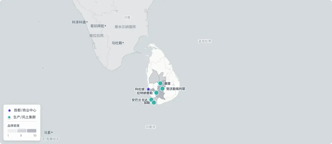 创始人品牌分布于两个截然不同的地理区域——科伦坡商业走廊（总部、阿育吠陀健康、加工食品）和从康提经努沃勒埃利耶延伸至拉特纳普勒的中央高地弧线（茶叶、宝石、肉桂）——以及南部沿海精品酒店集群；2022年侨民潮席卷了下一代接班人选，三个区域的接班压力均因此骤然加剧。