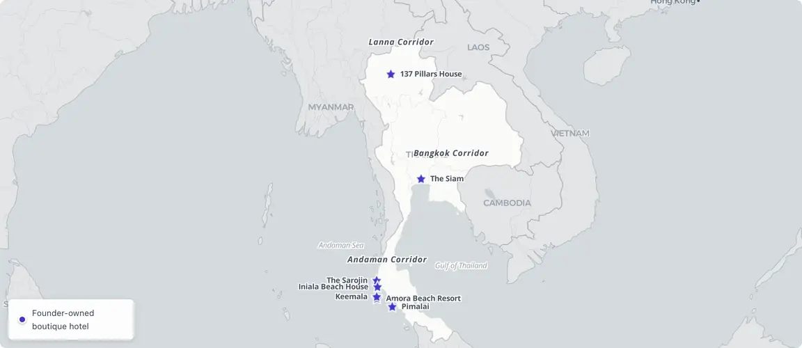Three crisis-tested corridors across Thailand — the Andaman coast's tsunami arc, Bangkok's succession wave, and Lanna's restoration heritage.