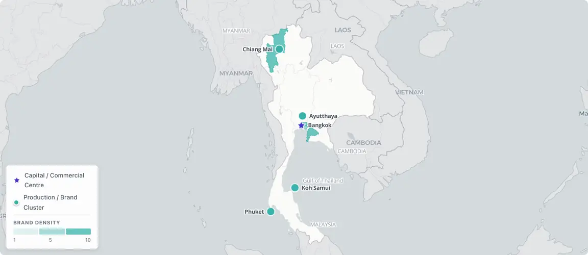Thailand's founder economy runs between Bangkok's scaled, multi-sector brands and the Chiang Mai highland cluster, with a wave of international acquisitions and multigenerational successions — including a 113-year fish-sauce dynasty — defining the current transition window.