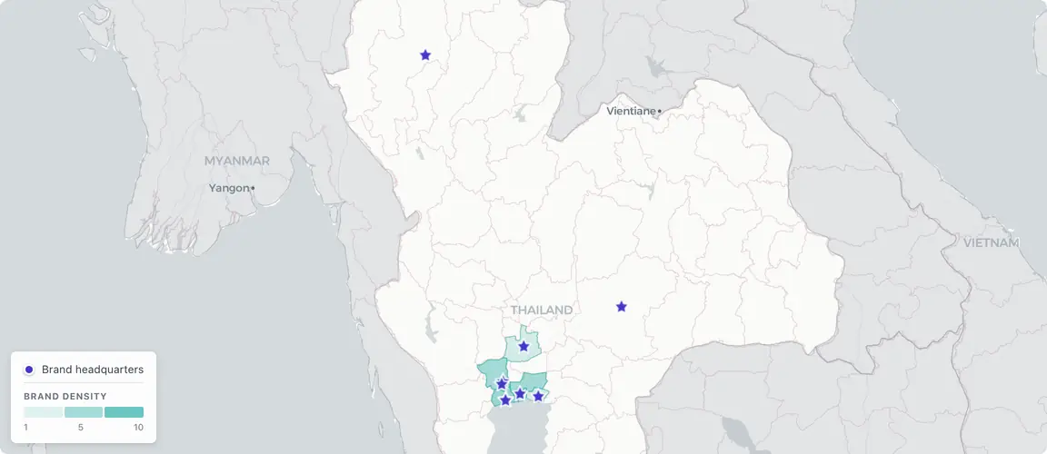 Thailand's snack dynasties cluster in the Bangkok–Samut Sakhon arc — immigrant settlement geography, not agricultural geography.