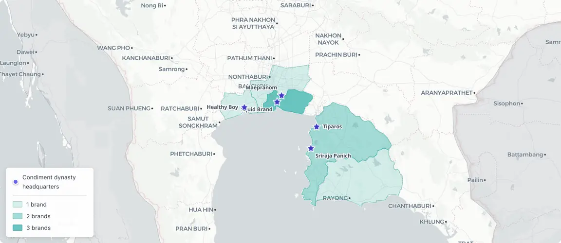 Thailand's sauce dynasties cluster in a 100km Gulf coast arc — Samut Prakan to Rayong, where anchovy meets Chiuchow heritage.