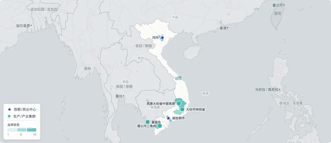 创始人品牌集中于南部胡志明市–湄公河走廊（咖啡、鱼露、天然美妆）和中央高原弧线（得乐咖啡、富国岛调味品）——河内则形成独立的北部集群；整个年龄在55至72岁的革新开放一代，同步在两条走廊面临接班压力。