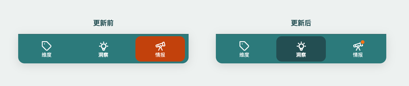 移动端底部菜单更新前后对比，两个版本中洞察标签均处于选中状态